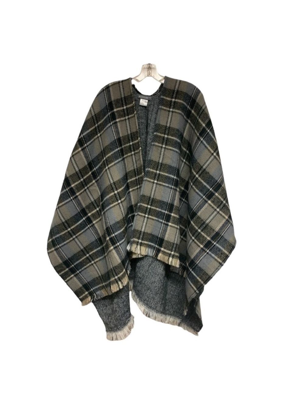 Blanket wrap poncho shawl extra large one size long wide layer fringe plaid EUC
